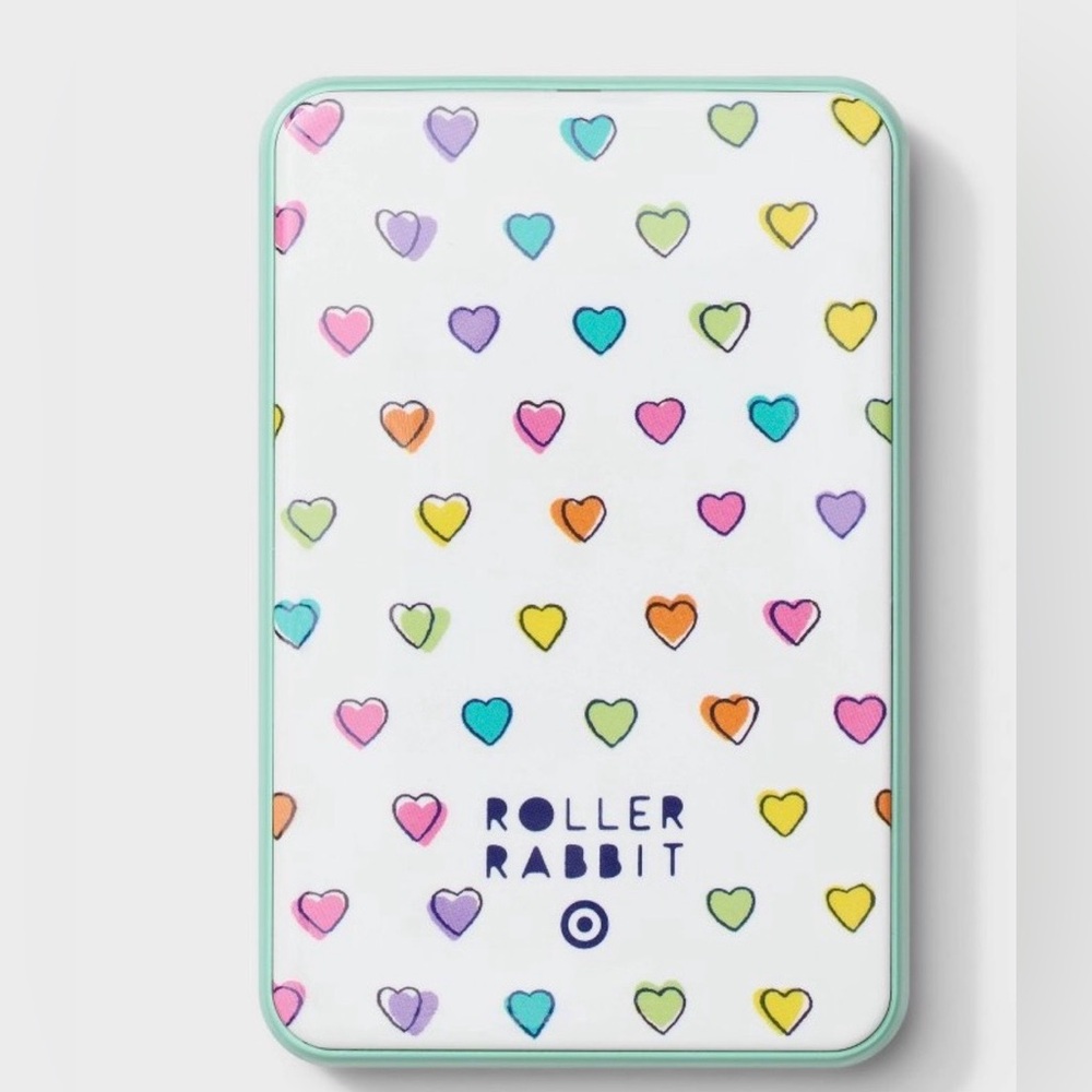 Roller Rabbit Pastel Rainbow Heart Power Bank - White with Mint Trim